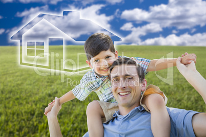 Father and Son Over Grass Field, Sky, Ghosted House Icon