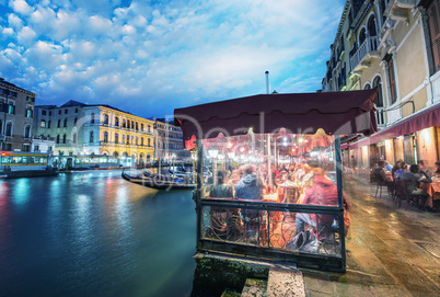 Venice, Italy. Pubs and restaurants at night along Grand Canal