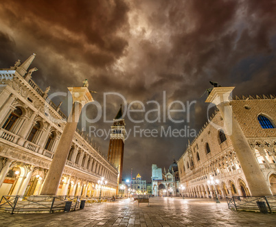 Dramatic sunset sky over Piazza San Marco in Venezia. St Mark Sq