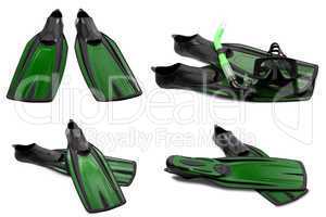 Set of green swim fins, mask and snorkel for diving