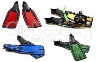 Set of multicolored swim fins, mask and snorkel for diving