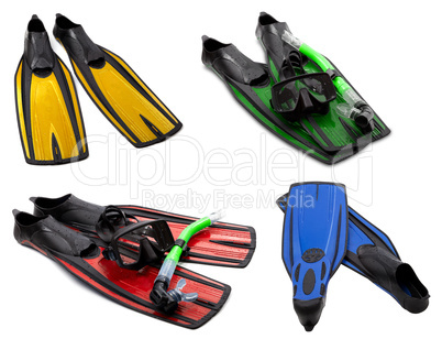 Set of multicolored flippers, mask, snorkel for diving with wate