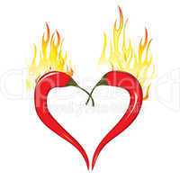 Two chili peppers forming a shape of heart. Hot lover symbol.