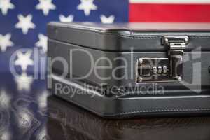 Leather Briefcase Resting on Table with American Flag Behind