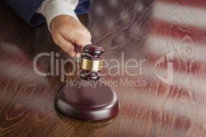 Judge Slams Gavel and American Flag Table Reflection