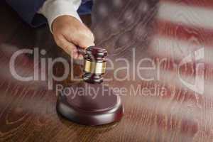 Judge Slams Gavel and American Flag Table Reflection