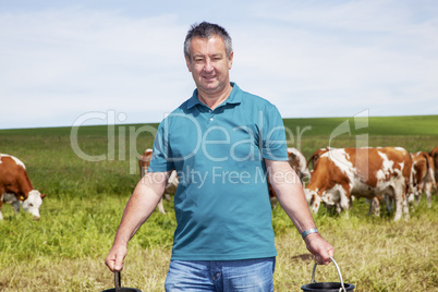 farmer with milk churns at his cows