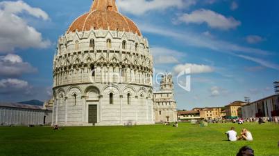 PISA, ITALY -  3 JUNE 2014: Tourists relax in Piazza dei Miracoli. Time Lapse on June 03 in Pisa, Italy