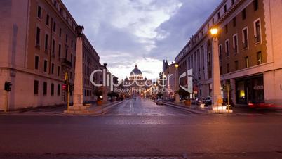 Timelapse of St. Peter's Square at the Vatican at night.
