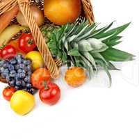 fruits and vegetables in a basket on white background