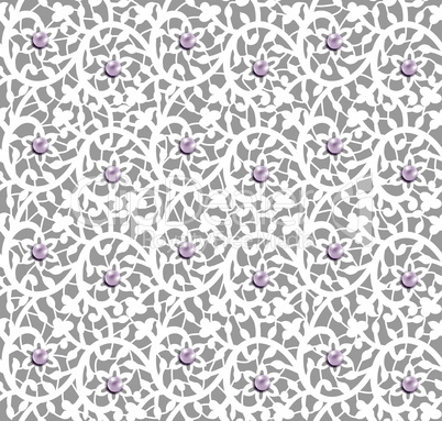White seamless floral pattern with lace and pearls