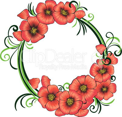 Floral frame with red poppies and green swirls.