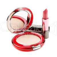 lipstick and compact powder isolated on white background
