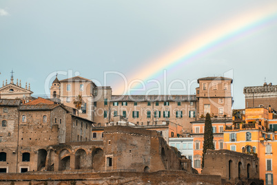 Rome. Imperial Forums, view at sunset with rainbow