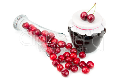 Cherry jam and cherries isolated on white background