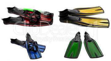 Set of multicolored swim fins, mask and snorkel for diving