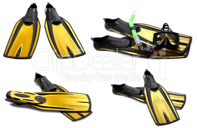 Set of yellow swim fins, mask and snorkel for diving