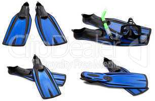 Set of blue swim fins, mask and snorkel for diving