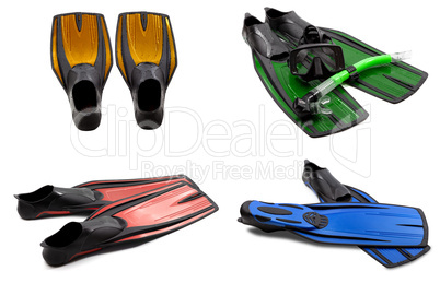 Set of multicolored swim fins, mask, snorkel for diving with wat