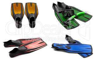 Set of multicolored swim fins, mask, snorkel for diving with wat