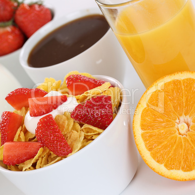 Frühstück mit Früchte Müsli, Orangen, Saft, Kaffee und Milch