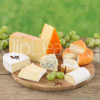 Käse wie Camembert, Bergkäse und Gouda auf Käseplatte