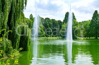 beautiful landscape with a lake with fountains and  park