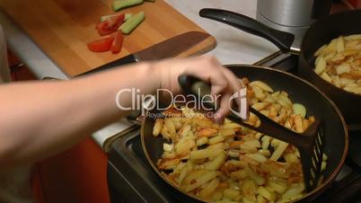 French Fries Put in Dish with Vegetables, closeup