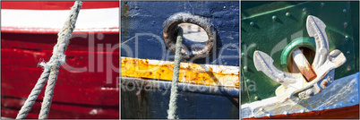 Collage mit Fotos von Details von Fischkuttern im Hafen von Heil