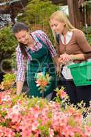 Garden center woman help customer choose flowers