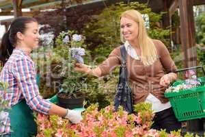 Garden center worker selling potted flower customer