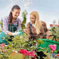 Garden center worker give advice woman customer