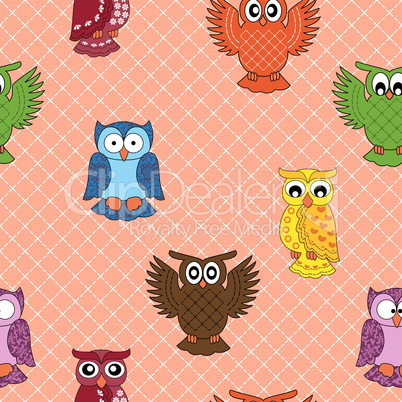 Colourful owl seamless pattern
