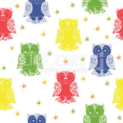 Different colour owl and stars seamless pattern