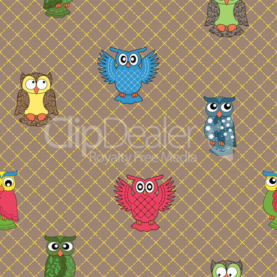 Multicolour owl seamless pattern