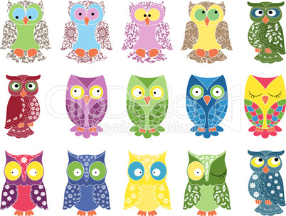 Set of fifteen colourful owls