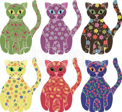 Set of six colorful funny cats over white