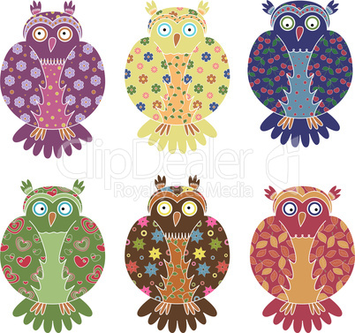 Set of six colourful funny owls over white