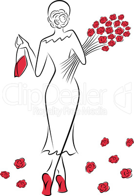 Lady with a bouquet of red roses goes away