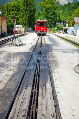 Diesel locomotive on a vintage cogwheel railway going to Schafbe