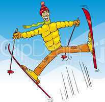 man jump on ski cartoon illustration
