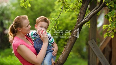 Mother feeding her son with an apple in the garden