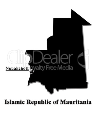 Black map of Islamic Republic of Mauritania in English