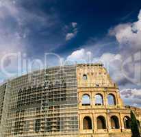 The Colosseum in Rome with restore works in progress on the faca