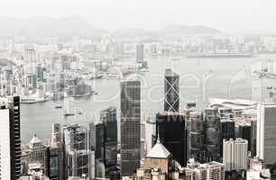 Hong Kong and Kowloon buildings. Aerial view of skyscrapers on a