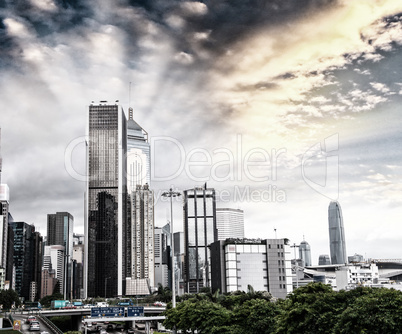 Hong Kong skyscrapers near Central, view at sunset