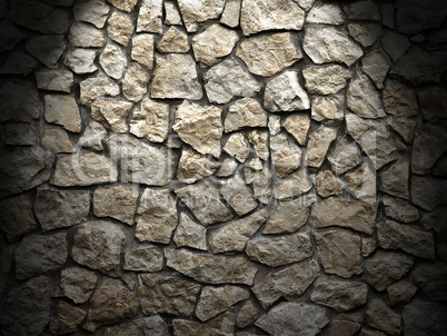 old grunge wall of rough stones as background , light effect