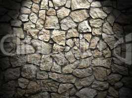 old grunge wall of rough stones as background , light effect