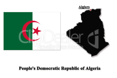 Map of Algeria in colors of its flag in English isolated