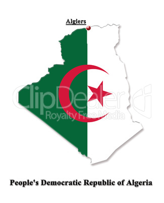 Map of Algeria in colors of its flag in English isolated